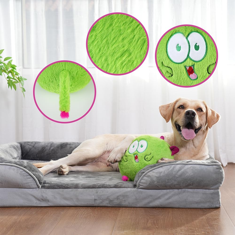 Plush Dog Toy - Dog Squeaky Toys - Durable Ball with 3 in 1 Squeaker, Monster Green