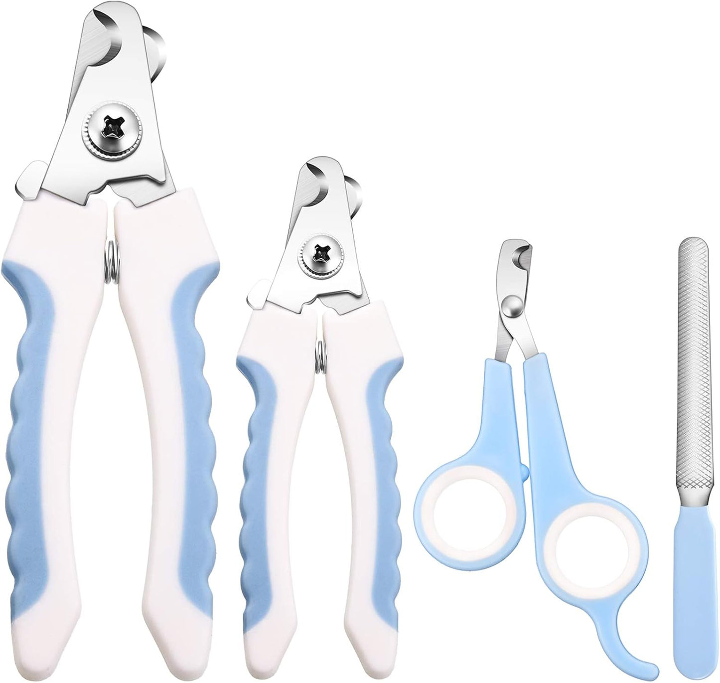4 Pieces Dog Nail Clippers Kit Dog Cat Pets Nail Clippers and Trimmers with Safety Guard to Avoid Over Cutting for Large and Small Animals (Blue and White)
