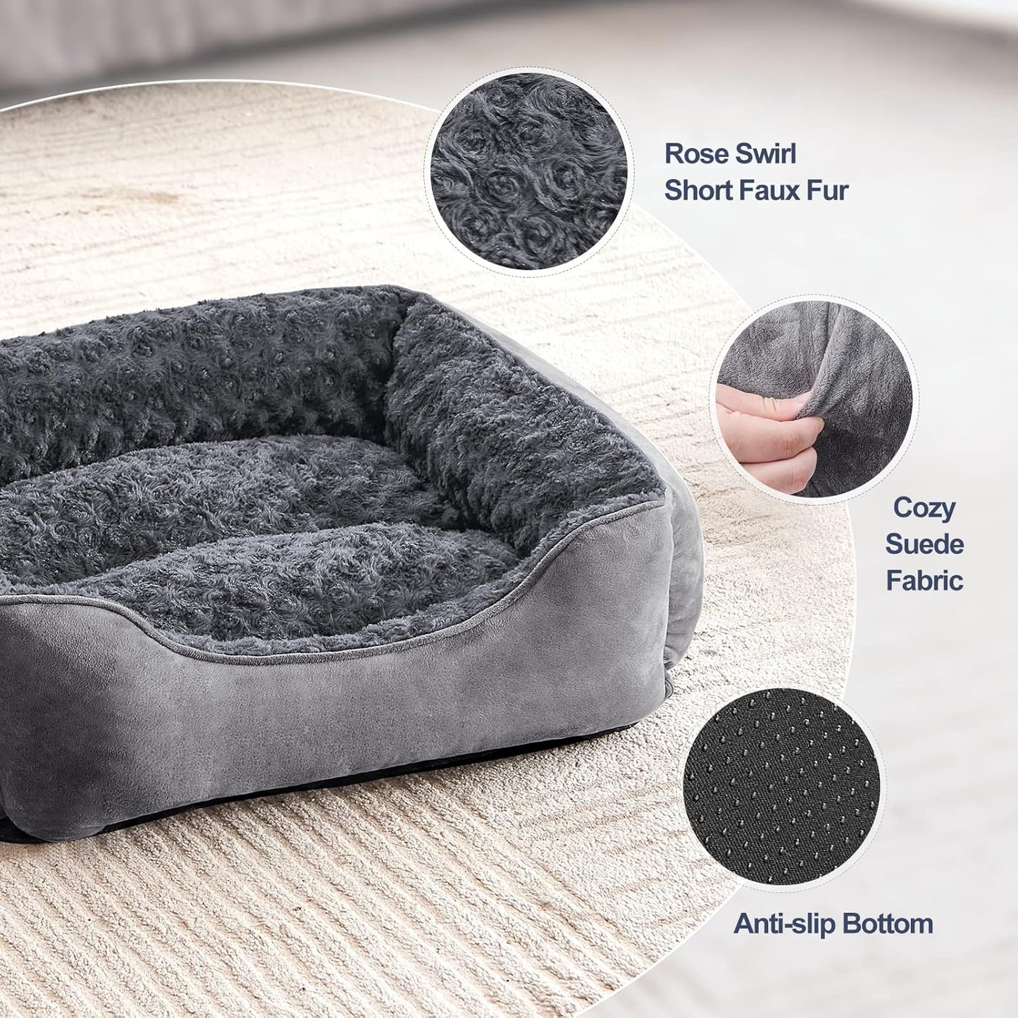 Rectangle Dog Bed for Large Medium Small Dogs Machine Washable Sleeping Dog Sofa Bed Non-Slip Bottom Breathable Soft Puppy Bed Durable Orthopedic Calming Pet Cuddler, Multiple Size, Grey