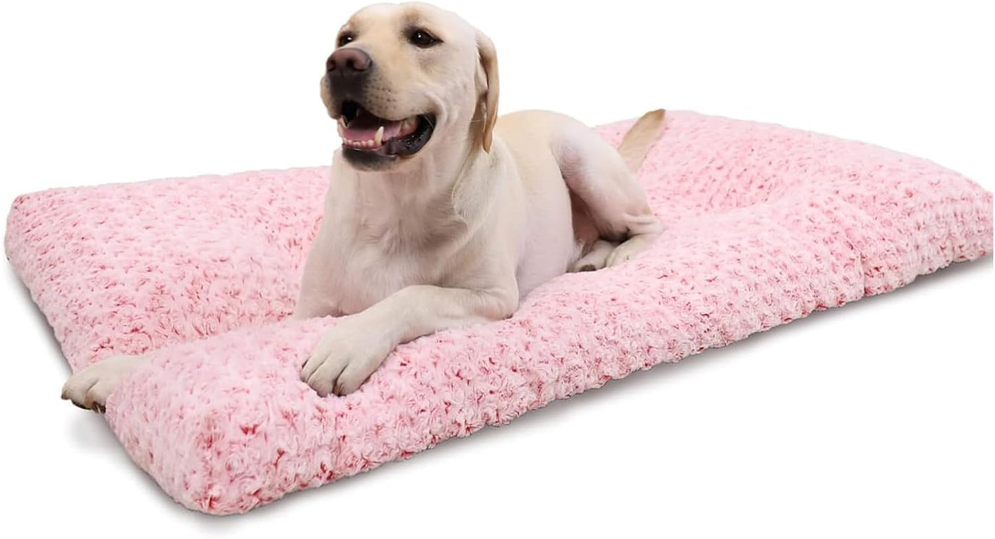 Washable Dog Bed Deluxe Plush Dog Crate Beds Comfy Kennel Pad Anti-Slip Pet Sleeping Mat for Large, Jumbo, Medium, Small Dogs Breeds, 41" x 27", Pink