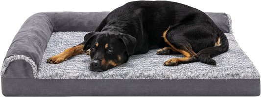 Orthopedic Dog Bed for Large Dogs w/ Removable Bolsters & Washable Cover, For Dogs Up to 95 lbs - Two-Tone Plush Faux Fur & Suede L Shaped Chaise - Stone Gray, Jumbo/XL