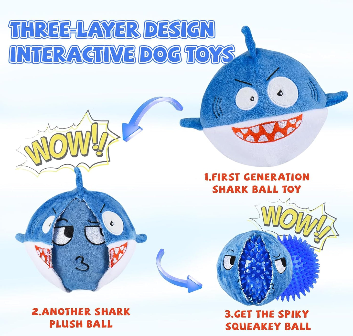 Squeaky Dog Toys for Aggressive Chewers(3in1), Interactive Durable Ball Chew Toys with Crinkle Paper & Tearable Plush, Puppy Teething Toys for Large, Medium & Small Dogs to Keep Them Busy(2Pack)