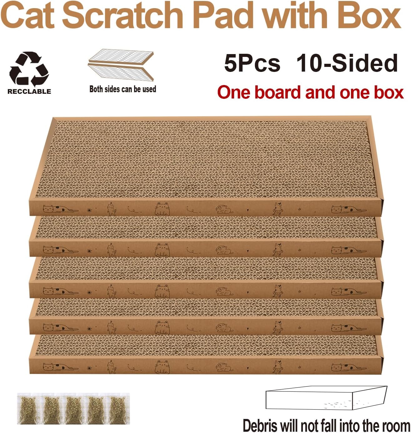 Cat Scratcher Cardboard with Box Durable Corrugate Scratching Kitty Sofa Lounge Bed Reversible Catnip Included for Indoor Cats, Cat Scratching Pad, Cat Post, Double-Sided Design, Large (Box,5pcs)