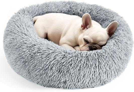 Dog & Cat Bed, 20in Cat Beds for Indoor Cats, Calming Donut Bed for Puppy and Kitten, Washable Round Fluffy Pet Bed for Small Medium Dogs and Cats (Light Grey)